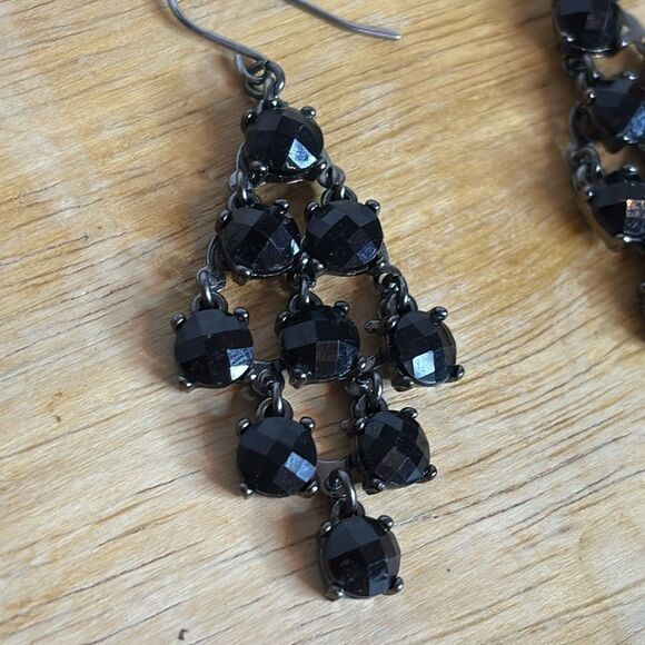 Pair of black glass crystal chandelier dangle statement earrings 2” - Picture 2 of 5